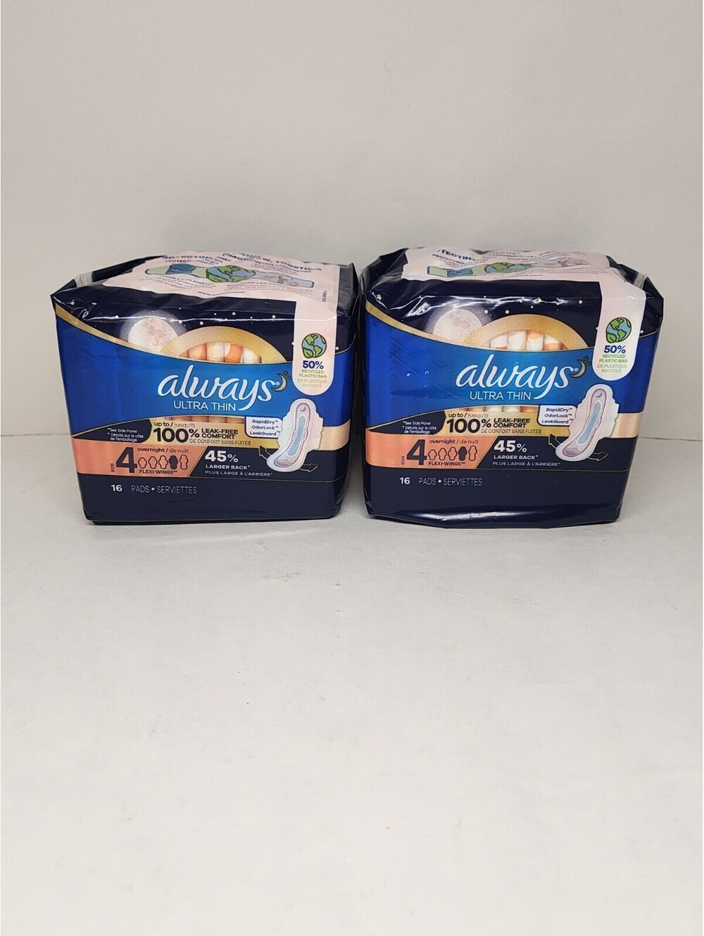 Always Ultra Thin Pads Size 4 Overnight Absorbency w/ Wings 16 pads!! 2 Pack